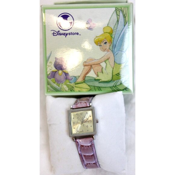 Disney Store Tinkerbell Watch Purple pearlescent Leather Band Square Face - Picture 2 of 9